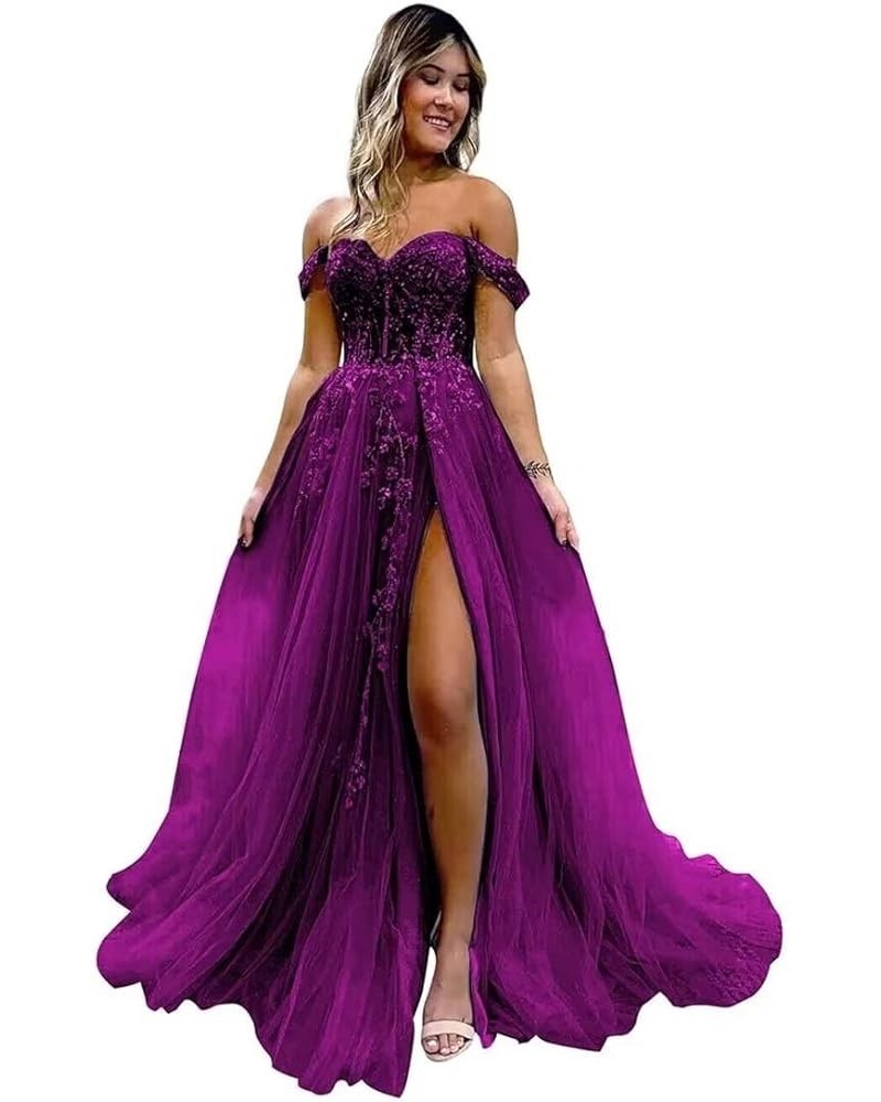 Off The Shoulder Tulle Prom Dress for Women Laces Appliques Sequin A Line Formal Dresses with Slit Plum $35.28 Dresses