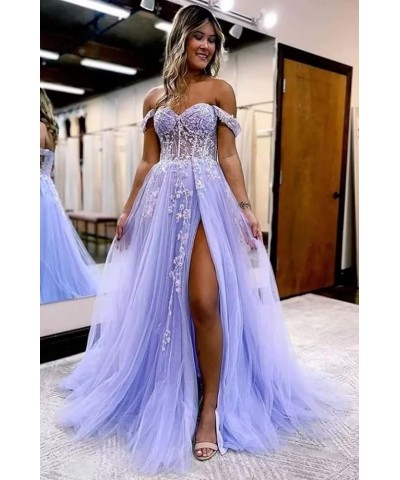 Off The Shoulder Tulle Prom Dress for Women Laces Appliques Sequin A Line Formal Dresses with Slit Plum $35.28 Dresses