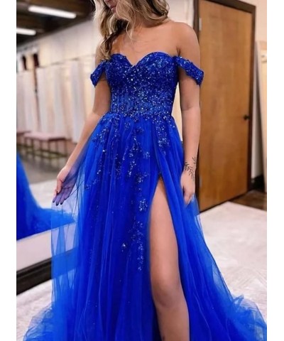 Off The Shoulder Tulle Prom Dress for Women Laces Appliques Sequin A Line Formal Dresses with Slit Plum $35.28 Dresses