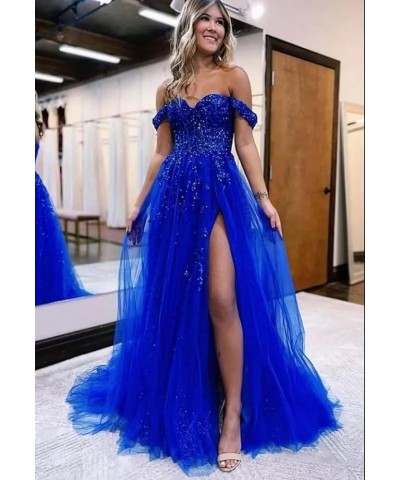 Off The Shoulder Tulle Prom Dress for Women Laces Appliques Sequin A Line Formal Dresses with Slit Plum $35.28 Dresses