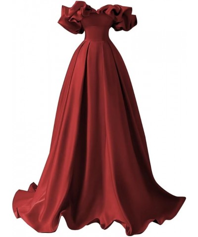 Off The Shoulder Satin Prom Dresses A Line Wedding Ball Gown Ruched Fommal Evening Gown with Train for Women Wine Red $32.00 ...