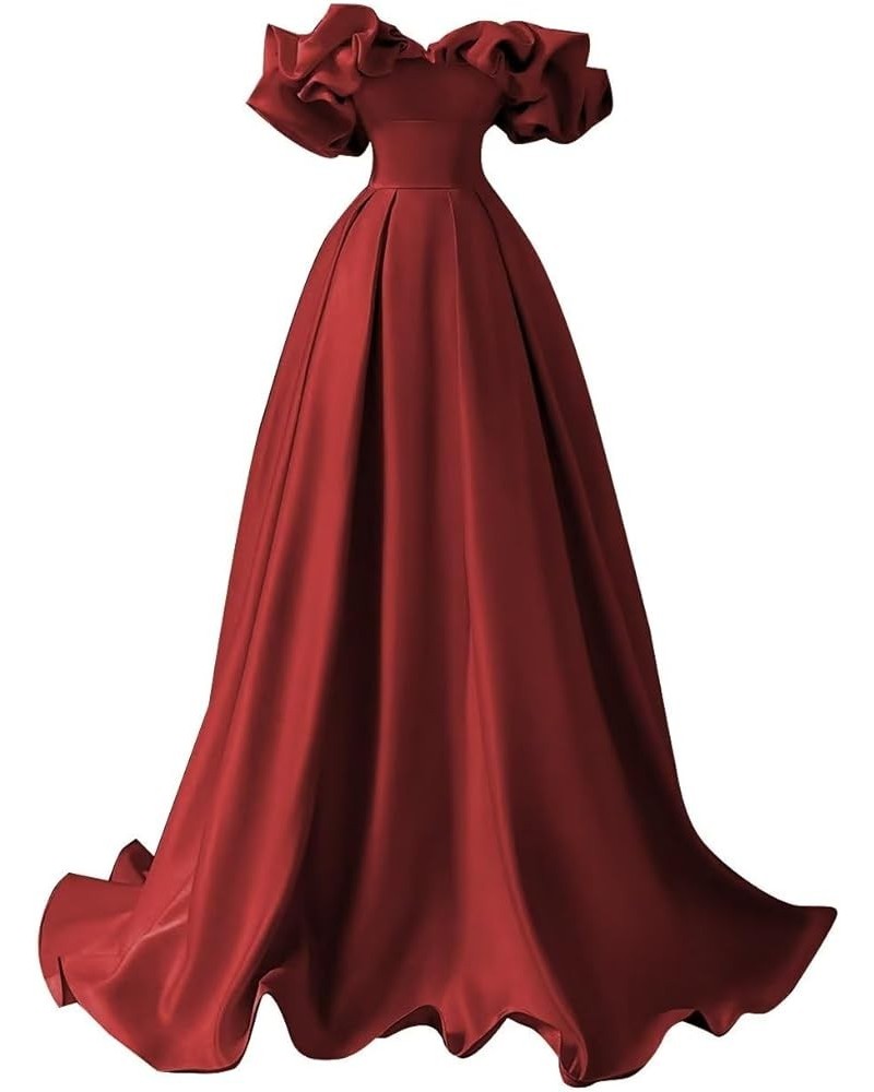 Off The Shoulder Satin Prom Dresses A Line Wedding Ball Gown Ruched Fommal Evening Gown with Train for Women Wine Red $32.00 ...