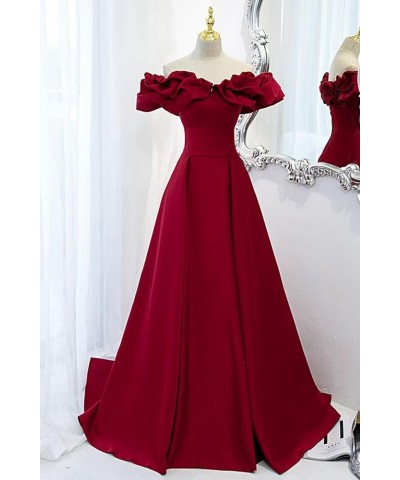 Off The Shoulder Satin Prom Dresses A Line Wedding Ball Gown Ruched Fommal Evening Gown with Train for Women Wine Red $32.00 ...