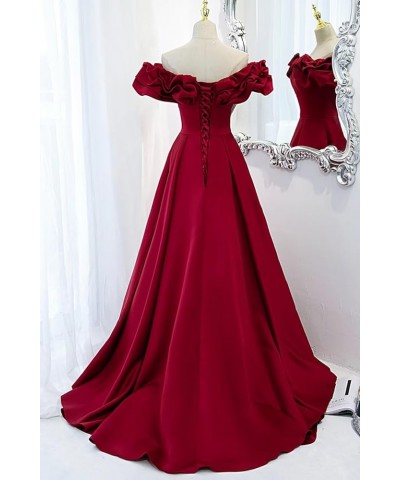 Off The Shoulder Satin Prom Dresses A Line Wedding Ball Gown Ruched Fommal Evening Gown with Train for Women Wine Red $32.00 ...