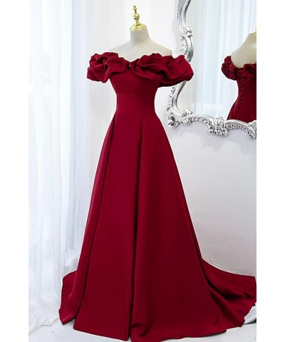 Off The Shoulder Satin Prom Dresses A Line Wedding Ball Gown Ruched Fommal Evening Gown with Train for Women Wine Red $32.00 ...