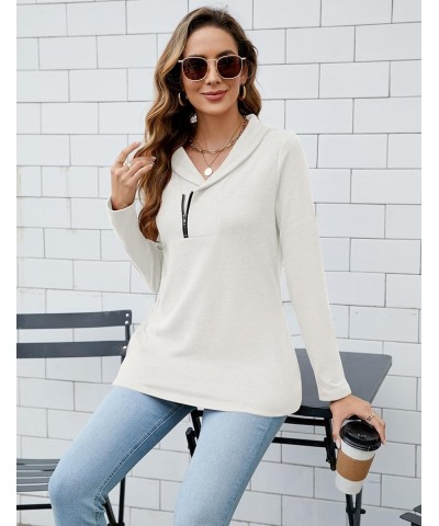 Cowl Neck Sweatshirts for Women - Casual Cute Long Sleeve Sweaters, Zip Pullover Shirts Blouses Tops with Pockets 03-white Sw...