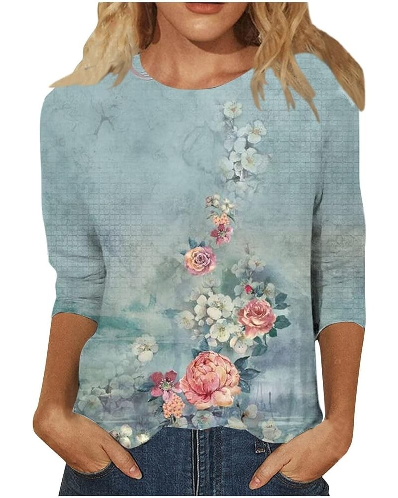 Womens 3/4 Sleeve Tops Crew Neck Floral Blouse 3/4 Length Sleeve Shirts Dressy Casual T-Shirt Painting Graphic Tees 07 Light ...