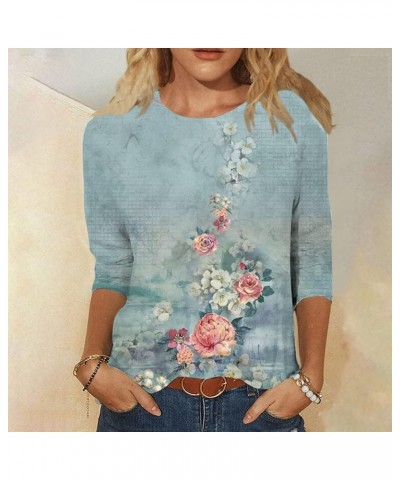 Womens 3/4 Sleeve Tops Crew Neck Floral Blouse 3/4 Length Sleeve Shirts Dressy Casual T-Shirt Painting Graphic Tees 07 Light ...