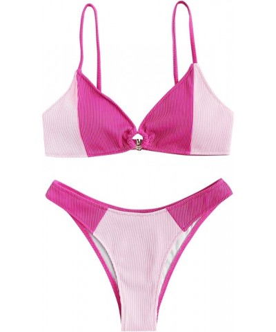 Women's Ribbed O-Ring String Bikini Swimsuit Cheeky Thong Swimwear Two Pieces Bathing Suit 395-pink $16.00 Swimsuits