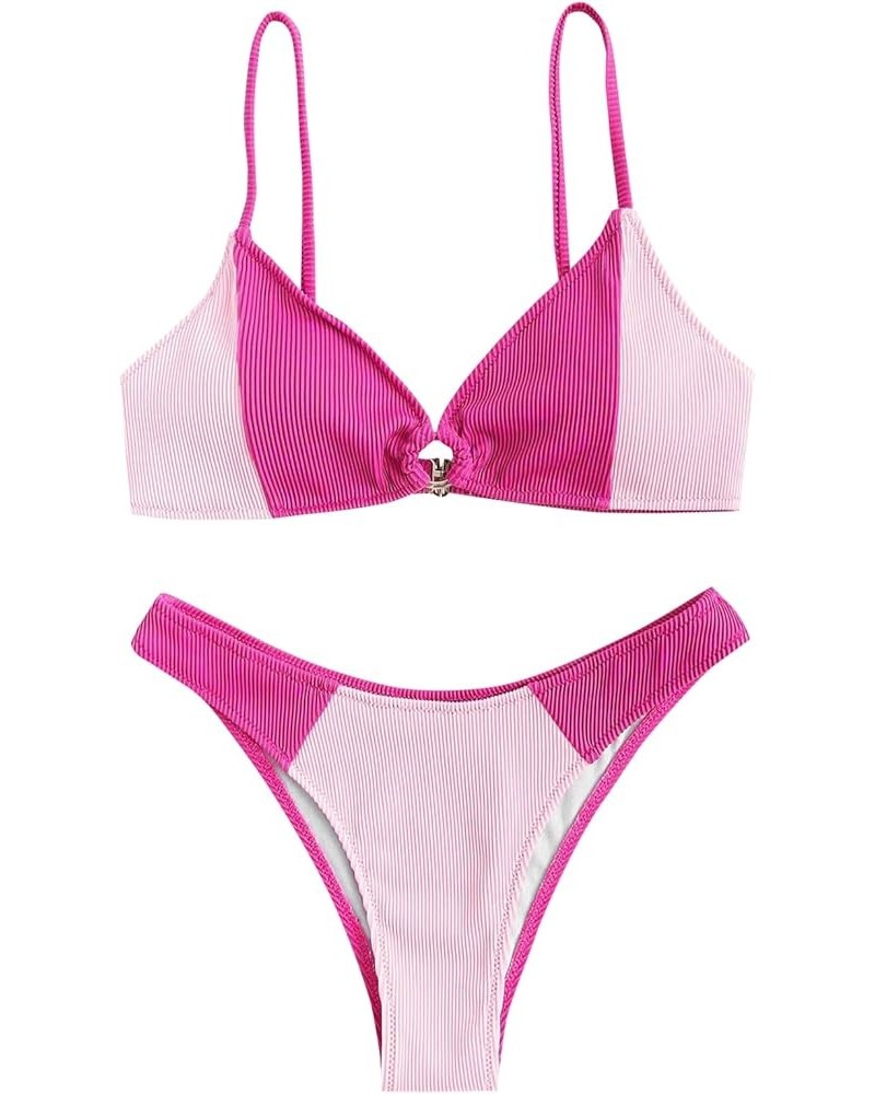 Women's Ribbed O-Ring String Bikini Swimsuit Cheeky Thong Swimwear Two Pieces Bathing Suit 395-pink $16.00 Swimsuits