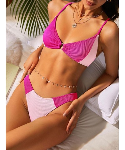 Women's Ribbed O-Ring String Bikini Swimsuit Cheeky Thong Swimwear Two Pieces Bathing Suit 395-pink $16.00 Swimsuits