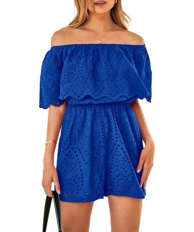 Women's Embroidery Rompers Dressy 2024 Summer Casual Off Shoulder Ruffle Shorts Jumpsuits Blue $20.99 Rompers