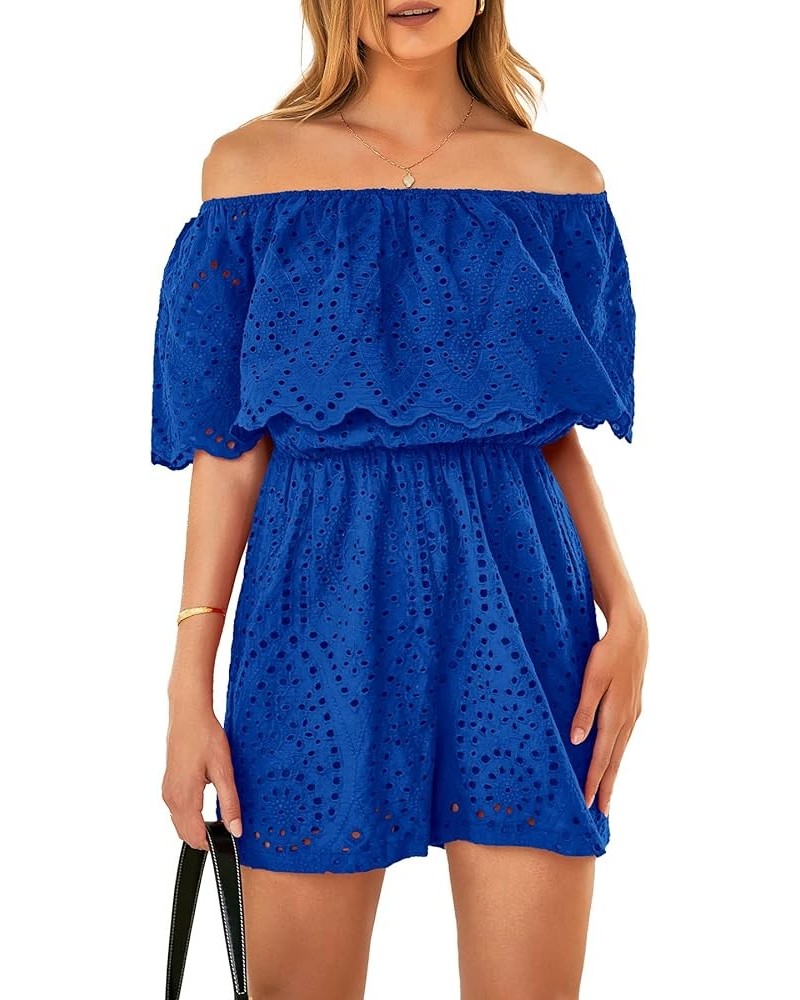 Women's Embroidery Rompers Dressy 2024 Summer Casual Off Shoulder Ruffle Shorts Jumpsuits Blue $20.99 Rompers