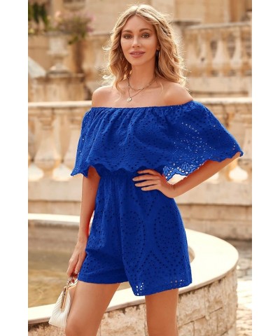 Women's Embroidery Rompers Dressy 2024 Summer Casual Off Shoulder Ruffle Shorts Jumpsuits Blue $20.99 Rompers