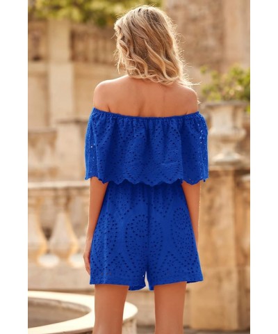 Women's Embroidery Rompers Dressy 2024 Summer Casual Off Shoulder Ruffle Shorts Jumpsuits Blue $20.99 Rompers