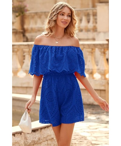 Women's Embroidery Rompers Dressy 2024 Summer Casual Off Shoulder Ruffle Shorts Jumpsuits Blue $20.99 Rompers