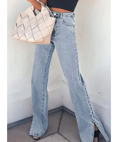 Women Mid Rise Distressed Flare Jeans Ripped Distressed Hole Flare Split Wide Leg Denim Bell Bottoms Pants Jeans Blue $16.42 ...