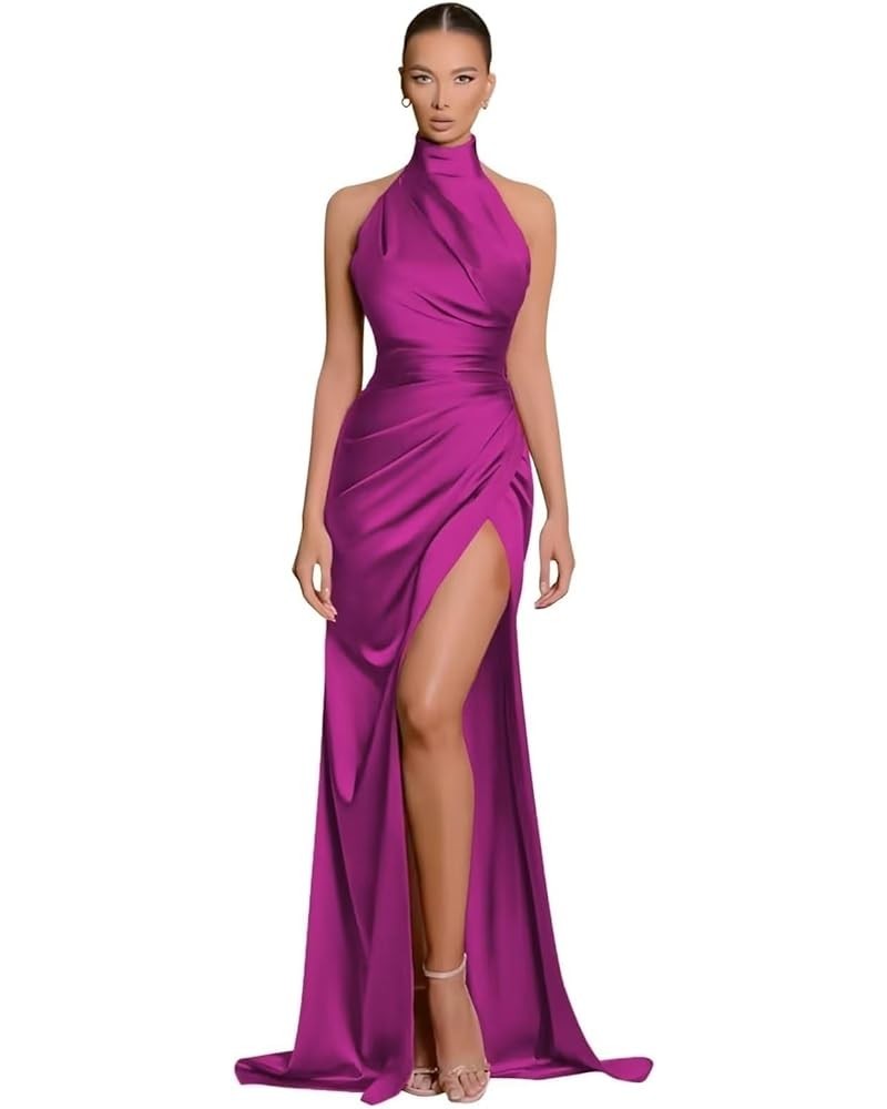 Halter Bridesmaid Dresses for Women with Slit Satin Mermaid Formal Gown and Evening Dresses Floor Length Fuchsia $14.00 Dresses