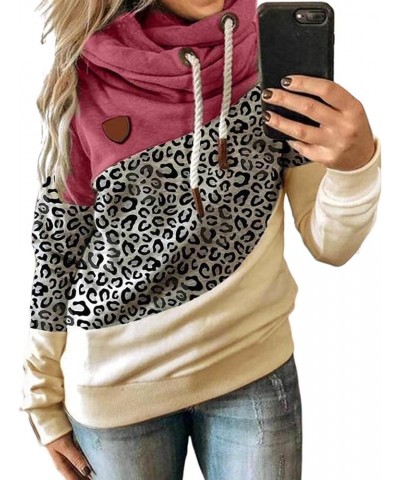 Women's Casual Long Sleeve Color Block Funnel Double Hooded Neck Leopard Camo Printed Pullover Hoodies Sweatshirts C-rose $13...