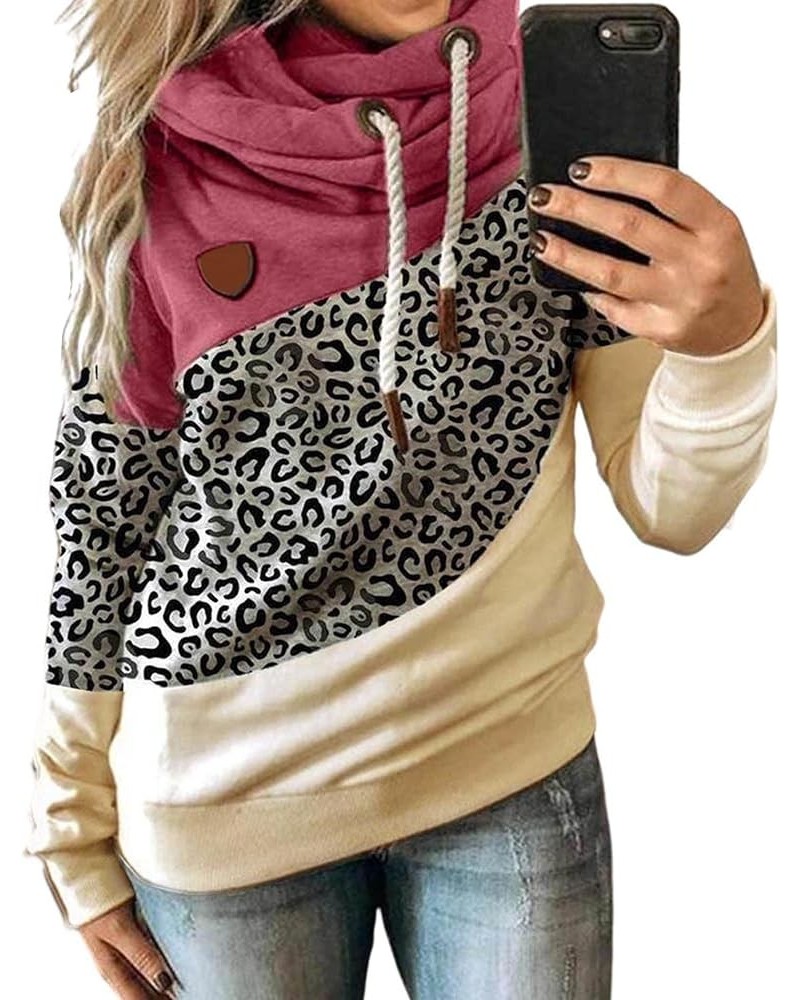 Women's Casual Long Sleeve Color Block Funnel Double Hooded Neck Leopard Camo Printed Pullover Hoodies Sweatshirts C-rose $13...