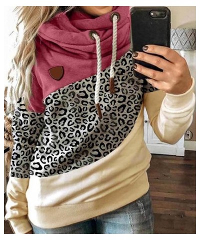 Women's Casual Long Sleeve Color Block Funnel Double Hooded Neck Leopard Camo Printed Pullover Hoodies Sweatshirts C-rose $13...