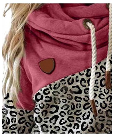 Women's Casual Long Sleeve Color Block Funnel Double Hooded Neck Leopard Camo Printed Pullover Hoodies Sweatshirts C-rose $13...