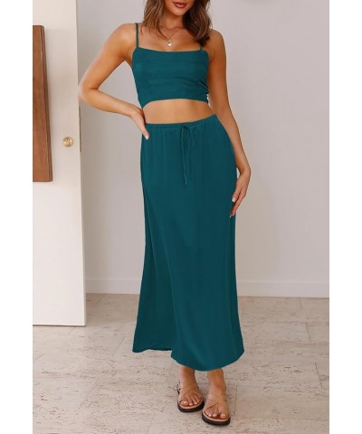 Women's 3 Piece Outfits Set Satin Button Down Short Sleeve Shirt Crop Tank Top Bodycon Midi Skirt Dress Deep Lagoon $13.80 Suits