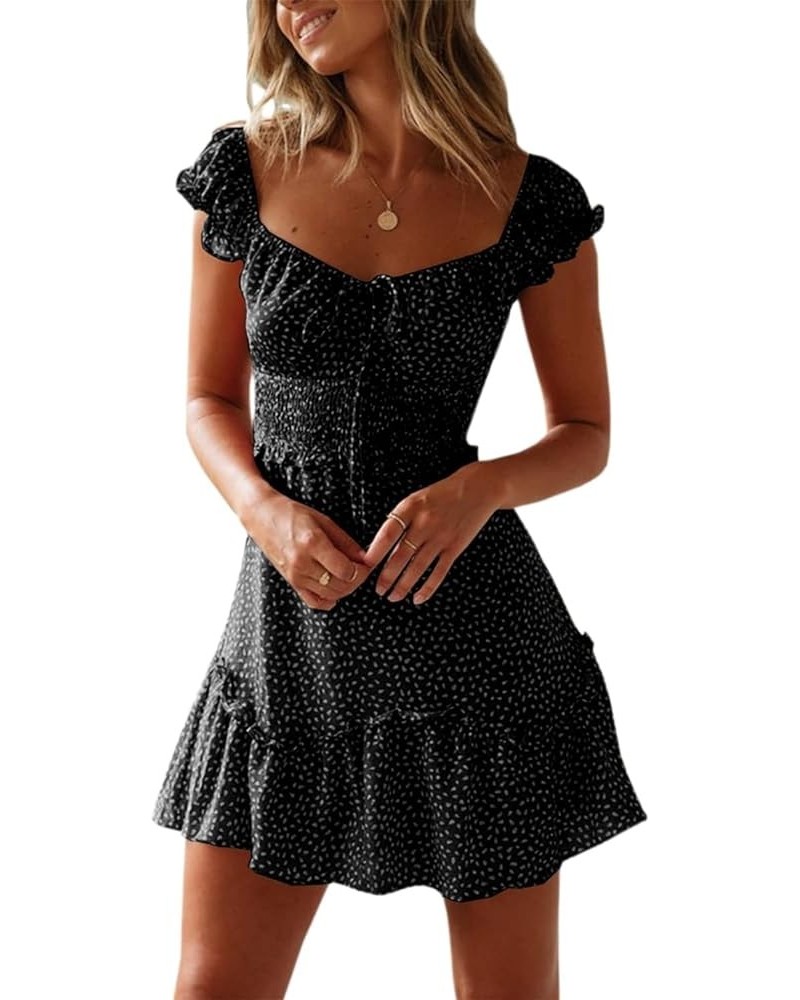 Womens Smocked Dress Ruffle Floral Tie Front Boho Short Dresses Black $17.94 Dresses