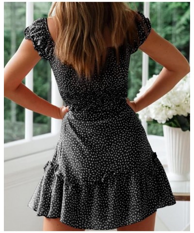 Womens Smocked Dress Ruffle Floral Tie Front Boho Short Dresses Black $17.94 Dresses