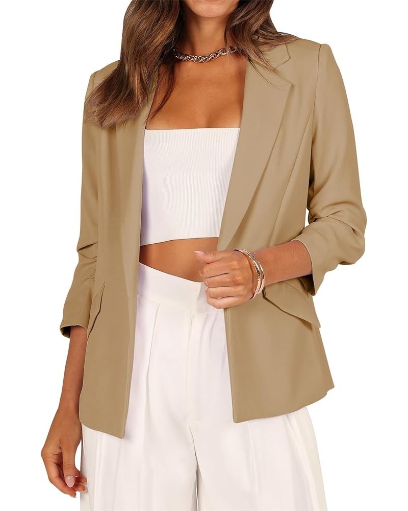 Women's Casual Blazer Jackets Ruched 3/4 Sleeve Open Front Cardigan Work Office Blazers Khaki $19.37 Blazers