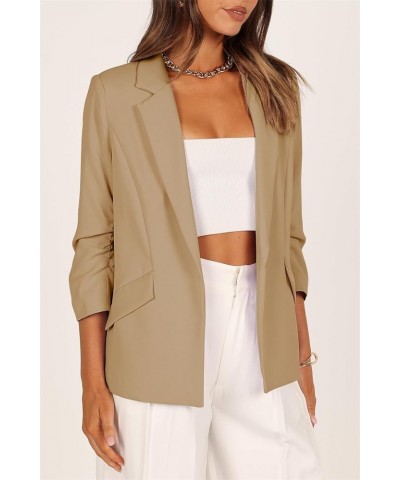 Women's Casual Blazer Jackets Ruched 3/4 Sleeve Open Front Cardigan Work Office Blazers Khaki $19.37 Blazers