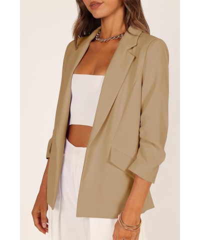 Women's Casual Blazer Jackets Ruched 3/4 Sleeve Open Front Cardigan Work Office Blazers Khaki $19.37 Blazers