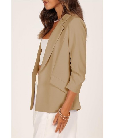 Women's Casual Blazer Jackets Ruched 3/4 Sleeve Open Front Cardigan Work Office Blazers Khaki $19.37 Blazers