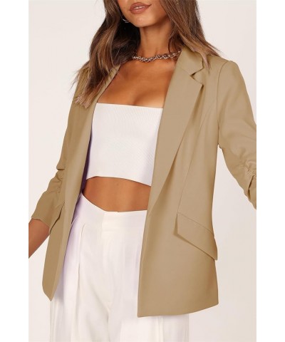 Women's Casual Blazer Jackets Ruched 3/4 Sleeve Open Front Cardigan Work Office Blazers Khaki $19.37 Blazers