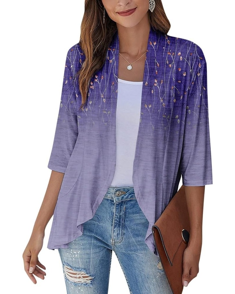 Long Sleeve Kimono for Women Lightweight 3/4 Sleeve Blouse Tops Coat Casual Duster Cardigans Retro Print Jackets 5-purple $4....