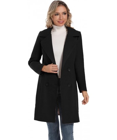 Women's Notched Lapel Double Breasted Wool Blend Outwear Winter Coat Black $31.15 Coats