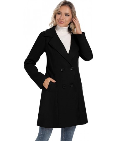 Women's Notched Lapel Double Breasted Wool Blend Outwear Winter Coat Black $31.15 Coats