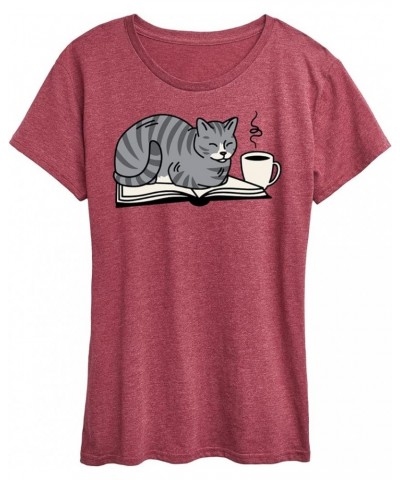 Cat On Book - Women's Short Sleeve Graphic T-Shirt Heather Wine $10.39 T-Shirts