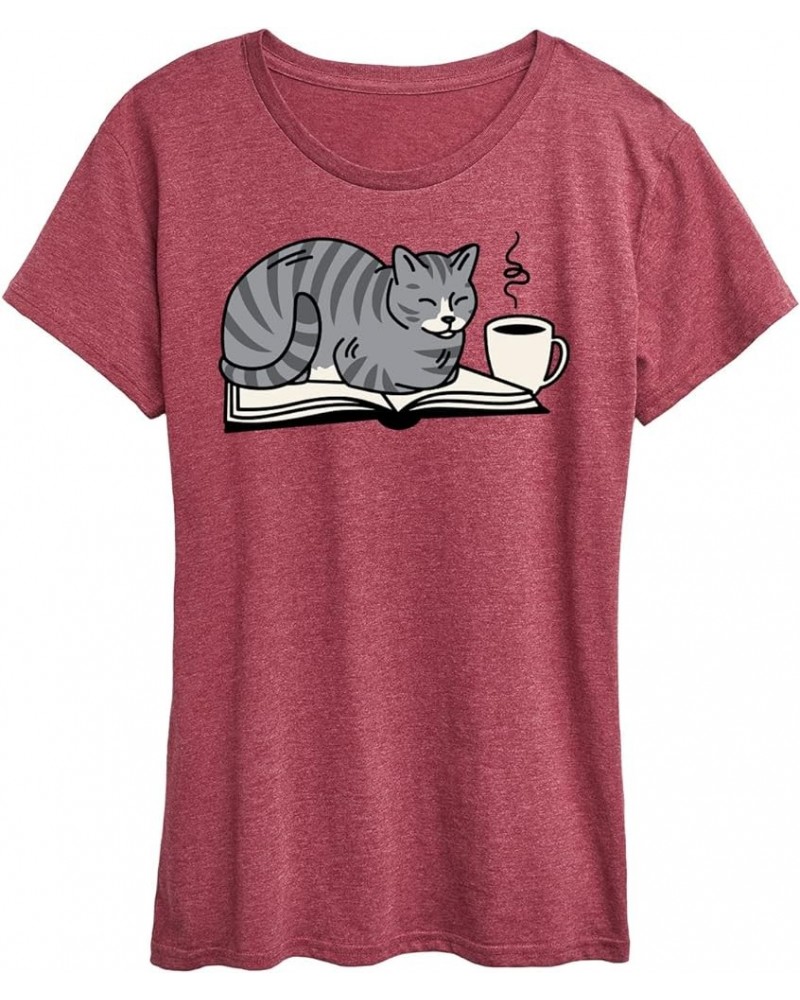 Cat On Book - Women's Short Sleeve Graphic T-Shirt Heather Wine $10.39 T-Shirts