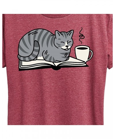 Cat On Book - Women's Short Sleeve Graphic T-Shirt Heather Wine $10.39 T-Shirts