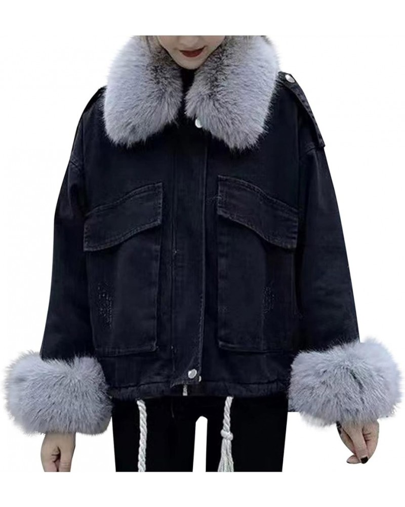 Winter Coats Women 2022 Faux Fur Jean Jacket Hoodies Puffer Denim Jackets Lined Warm Fluffy Fleece Thicken Outwear 06 Black $...