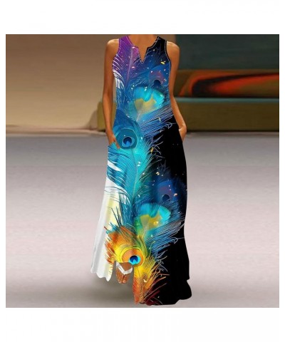 2024 Summer Women's Casual Loose Elegant Maxi Long Dress Sleeveless Trendy Dye Printing Loose Beach Sundress Pockets Navy 14 ...