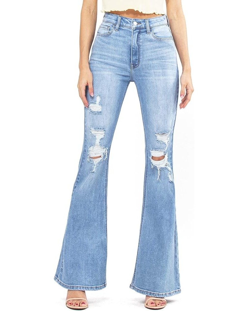 Women's Juniors High Rise Ripped Denim Bell Bottom Flares Light Denim $31.18 Jeans