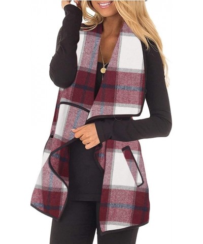 Womens buffalo Plaid Vest Casual Lapel Open Front Sleeveless Cardigan Jacket Coat with Pockets 1-wine Red $15.03 Vests