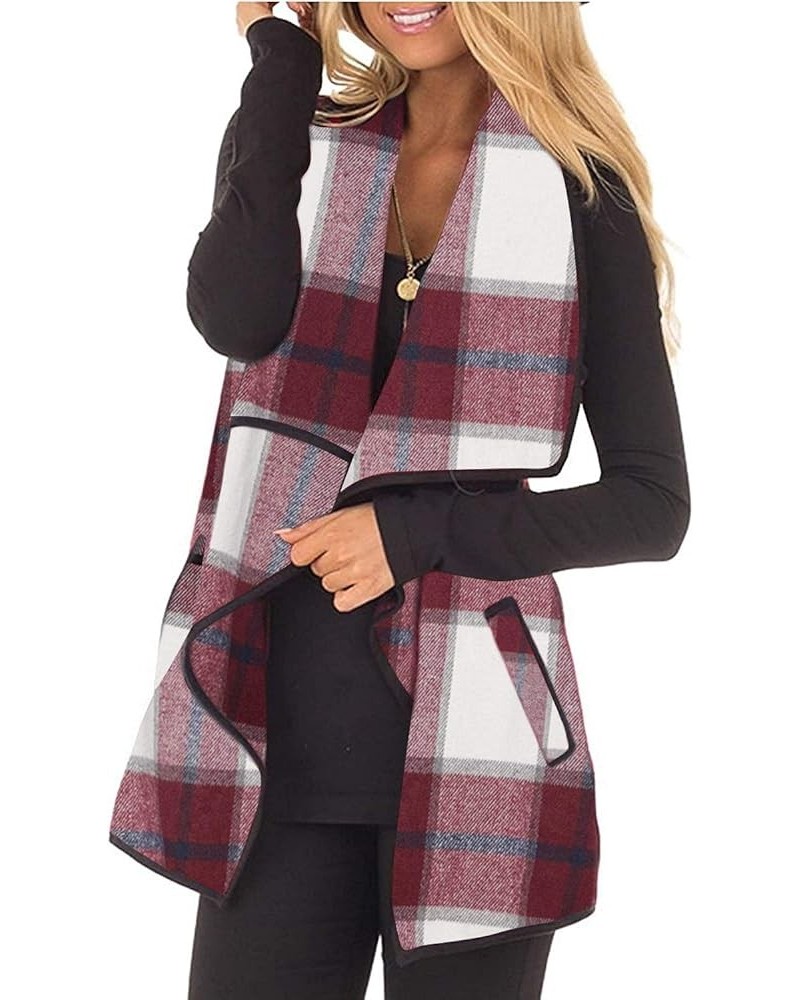 Womens buffalo Plaid Vest Casual Lapel Open Front Sleeveless Cardigan Jacket Coat with Pockets 1-wine Red $15.03 Vests