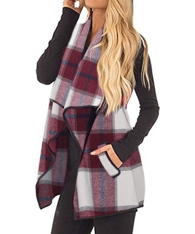 Womens buffalo Plaid Vest Casual Lapel Open Front Sleeveless Cardigan Jacket Coat with Pockets 1-wine Red $15.03 Vests