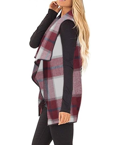 Womens buffalo Plaid Vest Casual Lapel Open Front Sleeveless Cardigan Jacket Coat with Pockets 1-wine Red $15.03 Vests