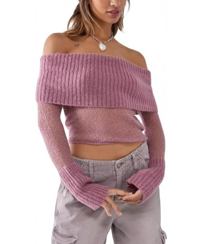 Sexy Women Off Shoulder Long Sleeve Crop Tops Basic Slim T Shirts Top Fitted Crew Neck Pullover Tee Shirts Streetwear N1 Purp...