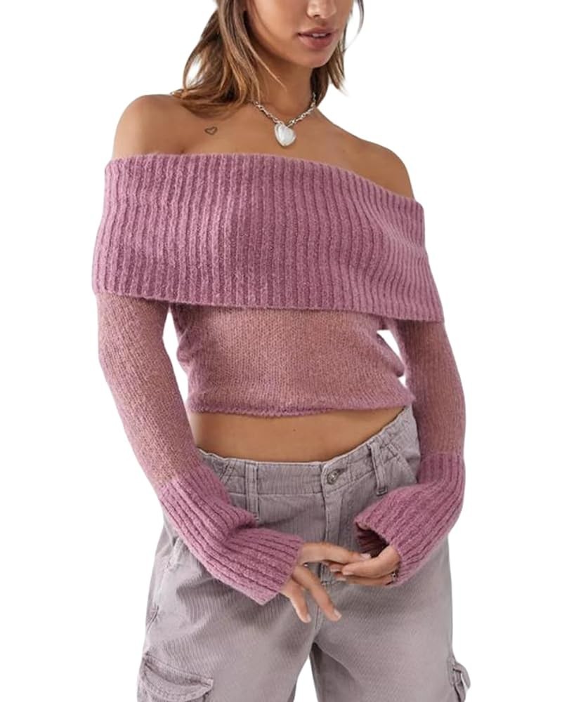 Sexy Women Off Shoulder Long Sleeve Crop Tops Basic Slim T Shirts Top Fitted Crew Neck Pullover Tee Shirts Streetwear N1 Purp...