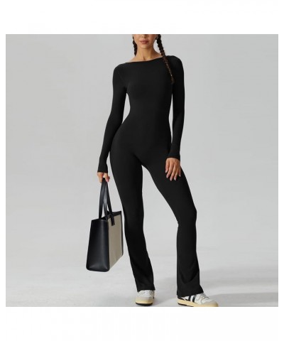 Flare Jumpsuit for Women Sexy Spring 2024 Jumpsuits Tummy Control Square Neck Overalls Cute Yoga Long Sleeve Rompers 3 black ...